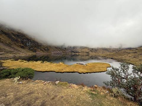 Serene high-altitude lake partly shrouded in mist with grass peninsula and mountains.