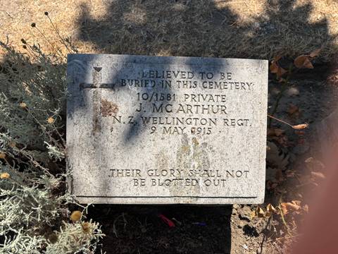 Close view of an engraved military headstone surrounded by dry leaves and plants.