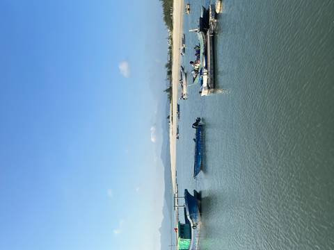 Small fishing boats float on calm blue water near a sandy spit with distant mountains under a clear sky.