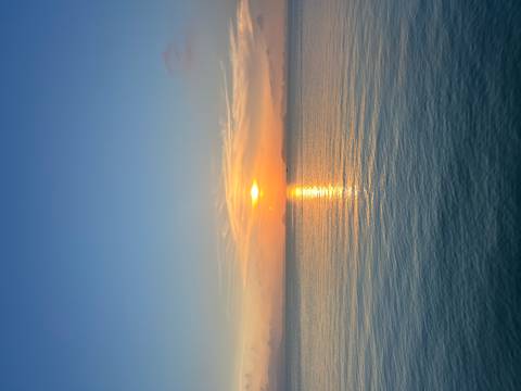 A brilliant orange sun sets over calm ocean waters, its reflection glowing along the gentle ripples.