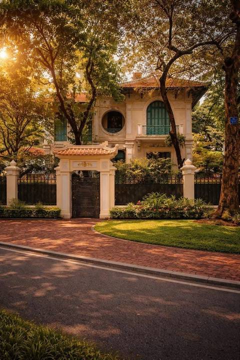 Elegant colonial-era villa framed by mature trees and manicured garden in Hanoi.