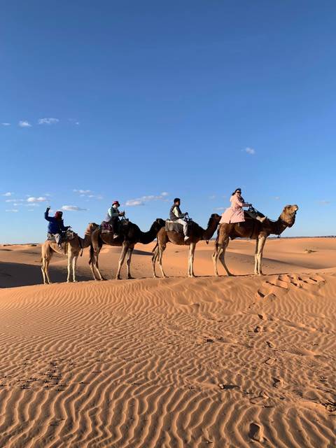 Line of four camel riders crosses wind-sculpted sand under a crisp blue sky in the Sahara.