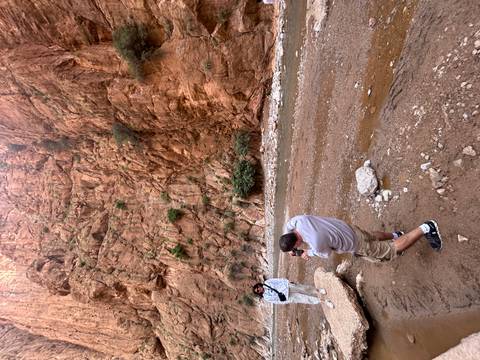 Travellers photograph towering red rock walls beside a shallow stream in Todra Gorge.