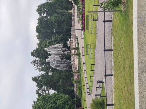 Sibelius Monument of stylised metal pipes set in Helsinki park.