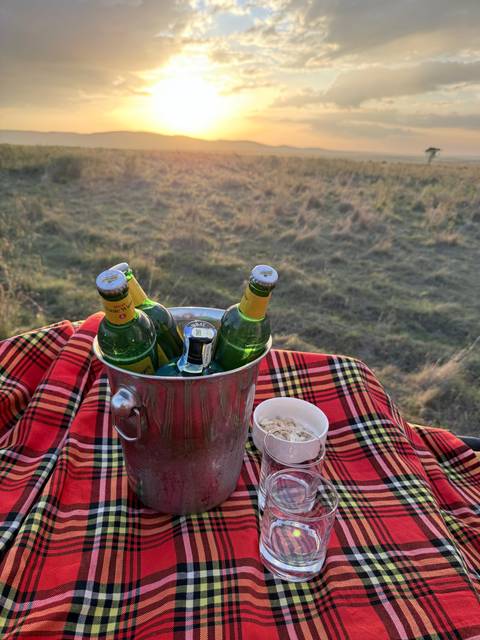 Silver ice bucket filled with cold Tusker beers and a cup of nuts set on red Maasai shuka overlooking grassy savannah.