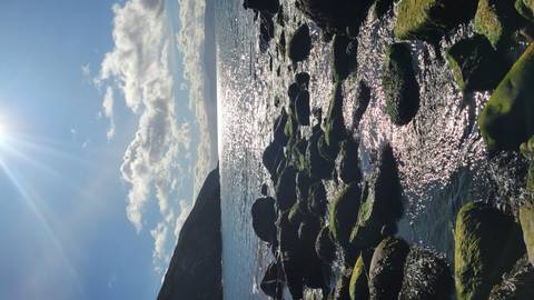 Sunlit Atlantic coastline with sparkling water, moss-covered rocks in the foreground and a distant headland under a blue sky.