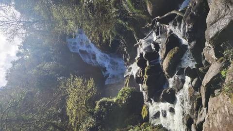 Multi-tiered waterfall cascading through lush green forest with spray catching the sunlight.
