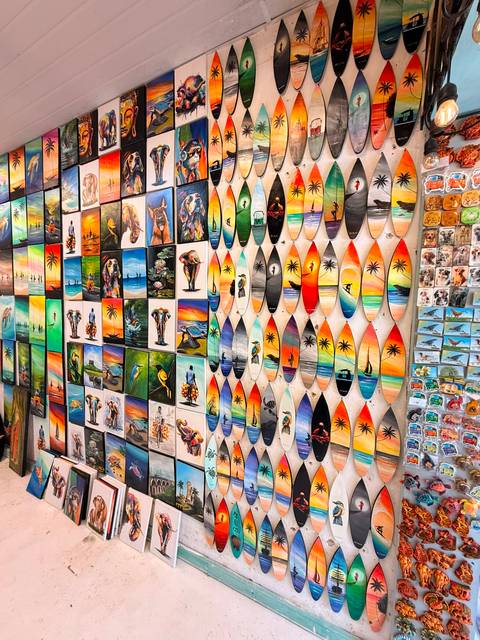 Wall filled with colourful surfboard-shaped magnets and vibrant paintings depicting tropical scenes.