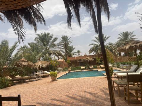 Boutique desert hotel courtyard with palm trees, straw parasols and a turquoise swimming pool.