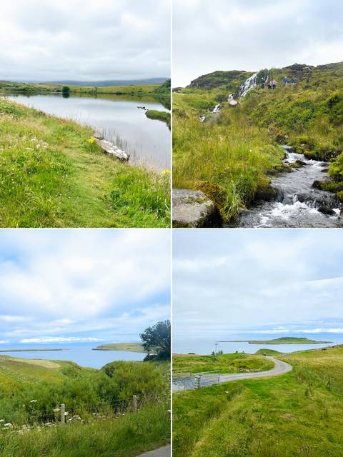 Four-panel collage of grassy stream, meadow and cloudy sky scenes.