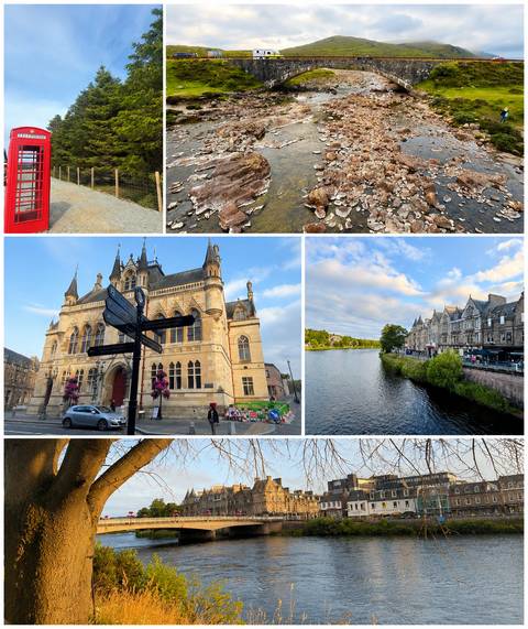 Multi-photo collage featuring red phone box, duck pond, historic civic building and riverside town scenes.