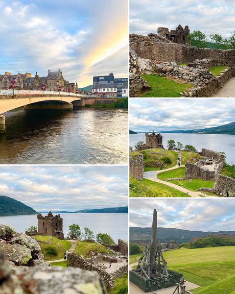 Collage with bridge over river, ruined lakeside castle and rolling hills under a cloud-filled sky.
