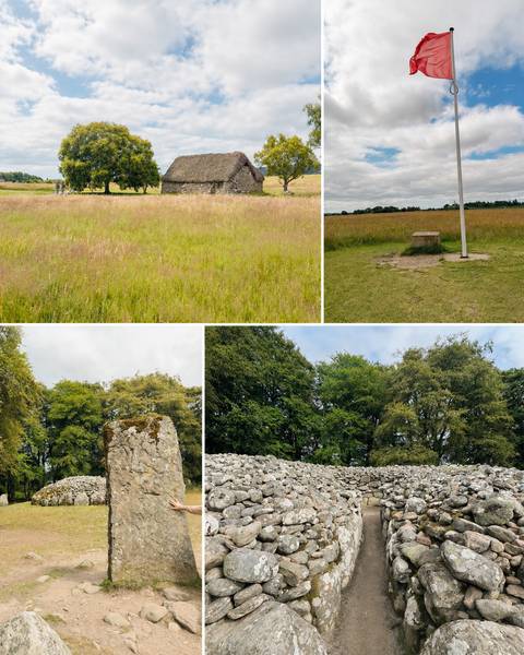 Collage showing grassy battlefield meadows, a stone memorial marker and surrounding woodland in the Scottish Highlands.