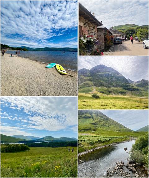 Collage featuring a lakeside beach with paddleboards, dramatic green mountains and a cloud-dotted sky.