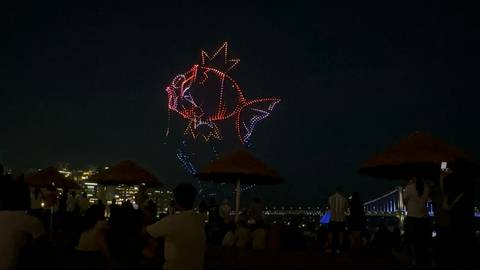 Night beach crowd watching a colourful drone light show forming a fish above the city skyline and bridge.