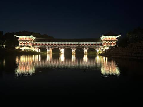 Illuminated Woljeong Bridge reflecting perfectly on calm water at night.