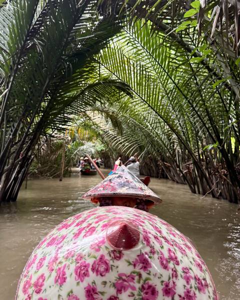 View from a boat beneath arching palm fronds with passengers ahead paddling.
