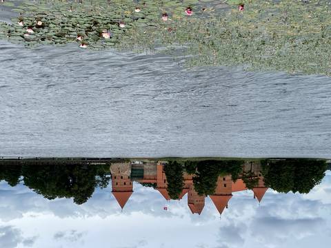 Orange-topped castle towers rise above trees across a windy lake on a cloudy day