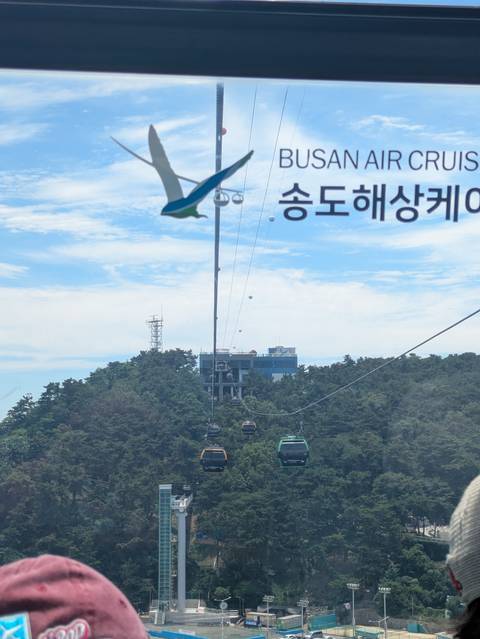 Cable cars glide over forested hills toward a blue-glass station under a bright sky with Korean text on window.
