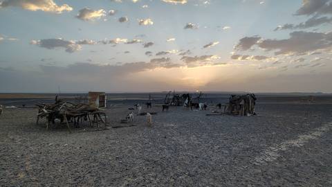 Sparse desert nomad setup with goat pens and wooden shelters silhouetted against a dramatic sunset sky.