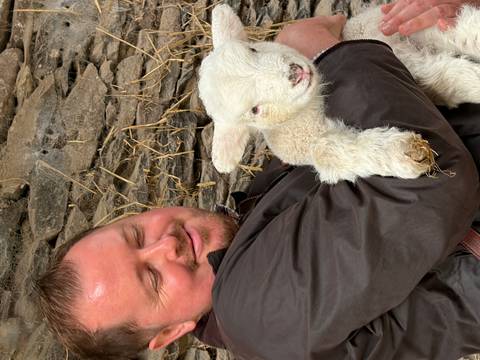 Smiling traveller cuddles a fluffy white lamb inside a rustic stone barn with straw.