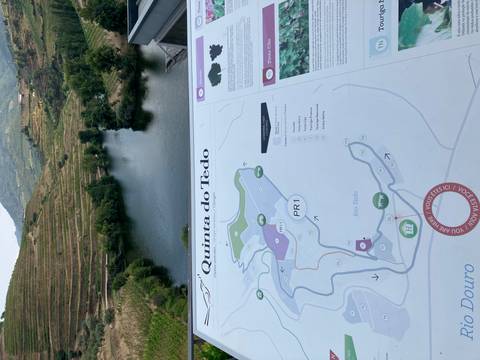Information board map of Quinta do Tedo with a river and terraced vineyards visible in the background.