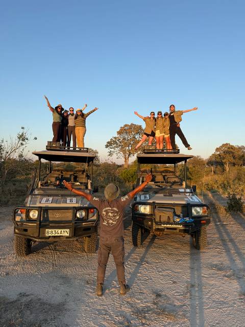 Travelers standing on the roofs of safari vehicles with arms raised in savanna at golden hour