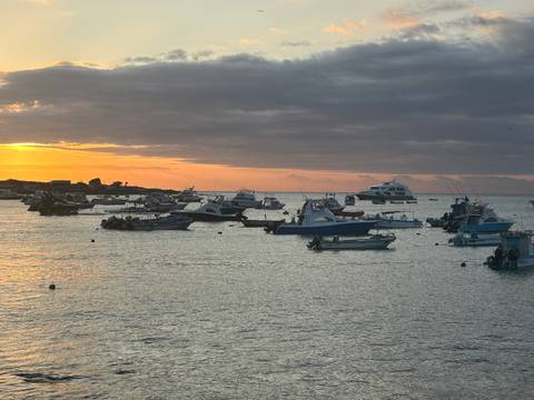 Dozens of small boats float on calm water at sunset beneath a dramatic cloud bank.