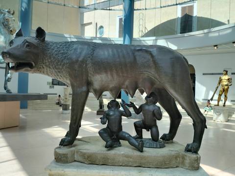 Bronze Capitoline Wolf statue nursing twins displayed in a bright museum hall.