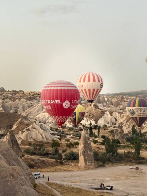 Colorful hot-air balloons drift over Cappadocia's unique rock formations in soft morning light.