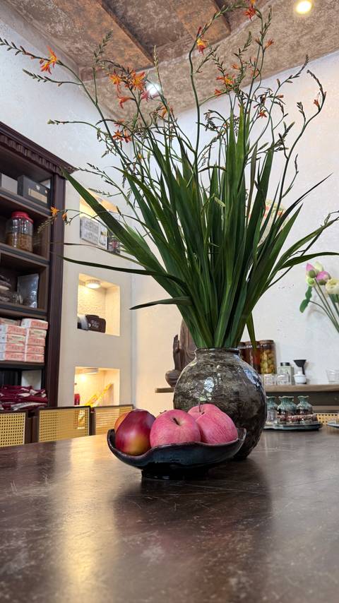 Indoor decorative scene with tall green plant in a rustic vase against softly lit shelves.