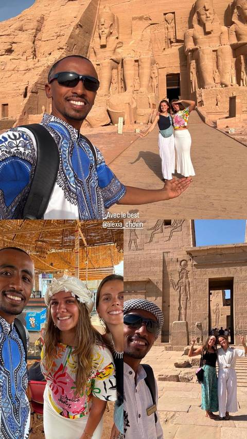 Collage of travel selfies at Egyptian temple with overlaid text and graphics.