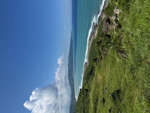 Panoramic view of turquoise ocean waves meeting a rugged, grassy coastline under a bright blue sky.