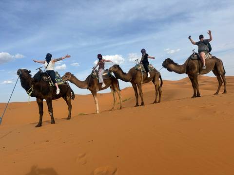 Adventure group riding camels in single file across golden sand dunes beneath a blue sky.