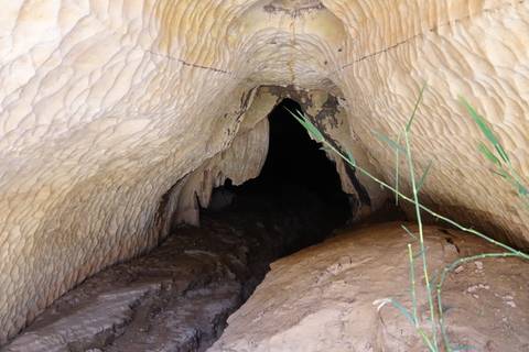 Entrance of a limestone cave with textured walls leading into a dark interior passage.