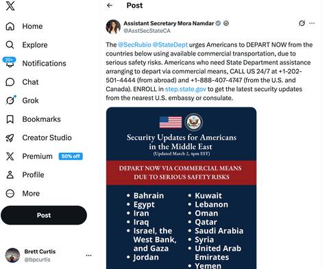 Screenshot showing a security bulletin webpage with text about travel advisories.