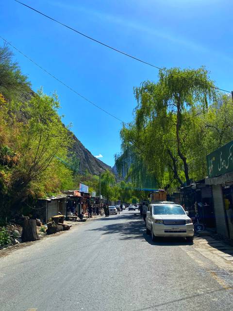 Bustling narrow road in a verdant valley lined with market stalls, vehicles and pedestrians under a bright sky.