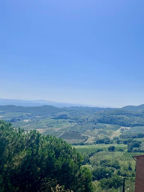 Expansive view of rolling Tuscan vineyards and hills fading into blue haze