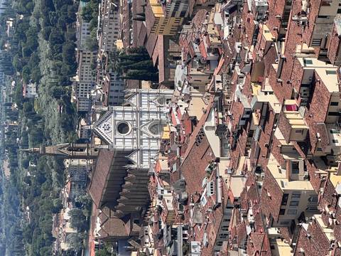 Aerial perspective of Basilica di Santa Croce dominating terracotta rooftops of Florence