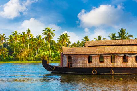 Traditional Kerala houseboat floats on a tranquil backwater framed by palm trees and blue sky.
