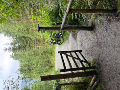 Open wooden gate leading to forest trail with parked bicycles nearby