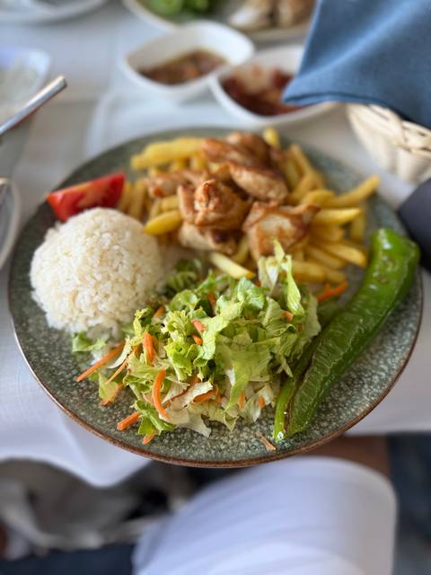 Close-up of a Turkish meal with rice, salad, fries, grilled chicken and a green pepper on a plate