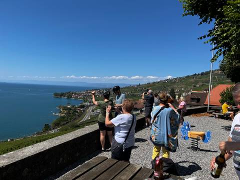 Tourists with cameras enjoy a panoramic viewpoint over vineyard-covered hills, a lakeside town and deep blue Lake Geneva.