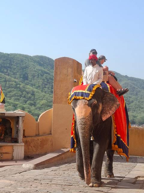Tourists riding decorated elephant up ramparts of historic fort with green hills behind.