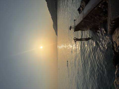 Silhouette of a swimmer and a person with a dog against a golden sunset over a calm lake