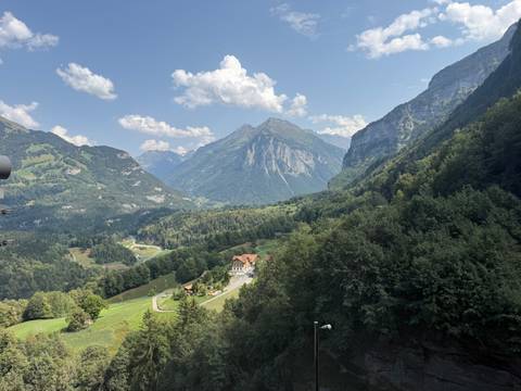 Wide alpine valley with forested slopes and towering peaks under a blue sky with puffy clouds