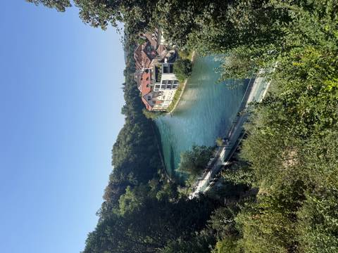 Meandering turquoise river bordered by trees and colorful houses on a sunny day in Bern