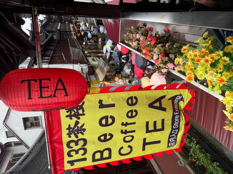 Bustling narrow street in Shanghai old town with red lanterns, umbrellas and flower stalls.