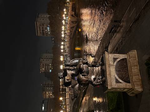 Equestrian bronze statue overlooking illuminated riverside promenade and city buildings at night.