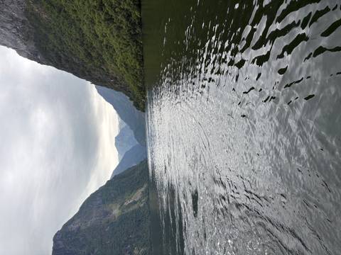 Serene fjord with rippling dark water surrounded by steep, misty mountains under a gray sky.
